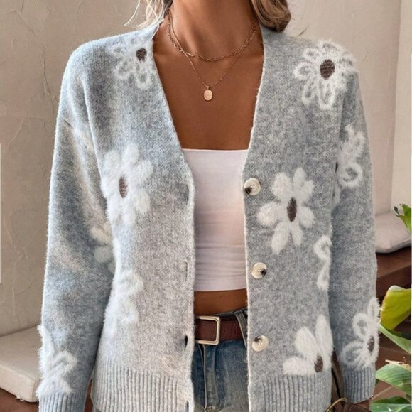 Grey Casual Womens Floral Pattern Drop Shoulder Cardigan - Picture 5 of 5